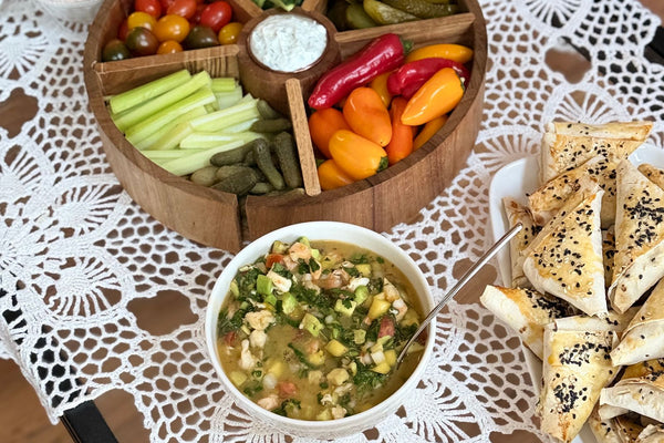 Mezze with vegetables, dips and savory snacks